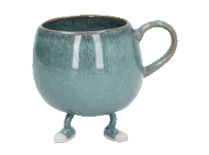 mascotte rob de koffiekop doet een stapje naar voor en achter